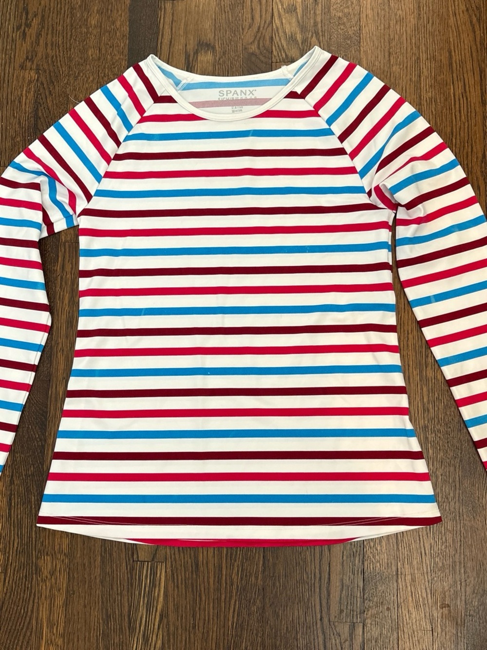 SPANX Striped Long Sleeve Swim top in White, Red & Blue
